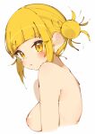  1girl blonde_hair blunt_bangs blush boku_no_hero_academia breasts closed_mouth commentary_request completely_nude hair_bun highres looking_at_viewer medium_breasts nipples nude rasusurasu short_hair simple_background solo toga_himiko upper_body white_background yellow_eyes 