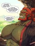  absurd_res big_pecs bodily_fluids body_hair cave chest_hair clothing dialogue digital_media_(artwork) english_text ganondorf gerudo ghangaji green_body green_skin hair hi_res humanoid male muscular muscular_male nintendo nipples pecs red_hair restraints rope solo speech_bubble sweat tears_of_the_kingdom text the_legend_of_zelda 