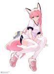  1girl alternate_costume animal_ears azur_lane black_shorts commission fox_ears fox_girl full_body green_eyes gym_uniform hanazuki_(azur_lane) highres liwendala long_hair looking_at_viewer pink_footwear pink_hair pink_tail second-party_source shirt shoes short_sleeves shorts simple_background sneakers solo thighhighs white_background white_shirt white_thighhighs 
