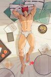  1boy abs absurdres bandaged_hand bandages bara bed book closed_mouth food highres katto8452 large_pectorals league_of_legends lying male_focus male_underwear muscular muscular_male navel nipples on_back on_bed open_book patreon_username pectorals red_hair scar scar_on_face scar_on_nose sett_(league_of_legends) short_hair solo thick_thighs thighs tray underwear white_male_underwear 