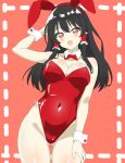  1girl absurdres animal_ears arm_behind_head ass_visible_through_thighs black_hair breasts cleavage commentary covered_navel cowboy_shot detached_collar groin hakurei_reimu highres large_breasts leotard long_hair looking_at_viewer open_mouth playboy_bunny rabbit_ears red_background red_eyes red_leotard shirokumall simple_background solo touhou wrist_cuffs 