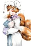  1girl :/ akuroporisu animal_ears arms_under_breasts blue_tabard blush breasts closed_mouth cowboy_shot dress eyelashes fox_ears fox_tail frilled_shirt_collar frills hat highres large_breasts light_brown_hair long_sleeves looking_at_viewer looking_to_the_side mob_cap multiple_tails orange_eyes short_hair simple_background solo spoken_squiggle squiggle tabard tail tassel touhou white_background white_dress yakumo_ran 