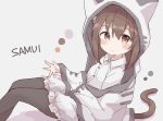  1girl absurdres animal_ears animal_hood black_pantyhose blush_stickers brown_eyes brown_hair buttons cat_ears cat_girl cat_hood cat_tail collared_shirt colon_br feet_out_of_frame from_side grey_background highres hood hood_up hooded_jacket jacket knees_up legs_together long_sleeves original pantyhose raised_eyebrows romaji_text shirt simple_background sitting skirt solo tail white_jacket white_shirt white_skirt 