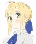  1girl ahoge artoria_pendragon_(fate) blonde_hair blue_ribbon blush close-up collared_shirt fate/stay_night fate_(series) green_eyes hair_bun hair_ribbon highres looking_at_viewer neck_ribbon ribbon saber shirt sidelocks simple_background sketch solo tenoo12 white_background white_shirt 