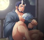  1boy alternate_costume bara beard black_hair black_kimono blush broken_horn bulge calf convenient_leg demon_boy demon_horns facial_hair fangs feet_out_of_frame full_moon fundoshi hand_fan handheld_fan holding holding_fan horns japanese_clothes kimono live_a_hero looking_at_viewer male_focus male_underwear mature_male moon muscular muscular_male nessen_(live_a_hero) night night_sky pectoral_cleavage pectorals revision short_hair sky solo sunfight0201 thick_eyebrows thick_thighs thighs underwear white_male_underwear 