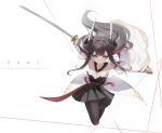  1girl azur_lane bare_shoulders black_hair black_pantyhose black_skirt closed_mouth colored_inner_hair detached_sleeves galodos hatsuzuki_(azur_lane) highres holding holding_sheath holding_sword holding_weapon horn_ornament horns japanese_clothes katana long_hair looking_at_viewer multicolored_hair pantyhose pleated_skirt red_hair sheath simple_background skirt solo sword weapon 