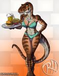  alcohol anthro anthrosaurs beer beverage big_breasts breasts cleavage clothed clothing dinosaur fast_food female food fries hand_on_butt lingerie matilda_(raphael) non-mammal_breasts predaguy reptile scalie simple_background solo standing stripes tail theropod tyrannosaurid tyrannosaurus tyrannosaurus_rex waiter 