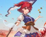  1girl blue_dress brown_sash coin coin_on_string dress flower hair_between_eyes hair_bobbles hair_ornament highres holding holding_scythe hua_ben_wuming medium_hair mouth_hold onozuka_komachi puffy_short_sleeves puffy_sleeves red_eyes red_flower red_hair scythe short_sleeves solo spider_lily touhou twitter_username two_side_up upper_body 