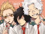  3boys bandaid bandaid_on_face bandaid_on_nose black_hair blonde_hair boku_no_hero_academia closed_eyes collared_shirt dated eraser_head_(boku_no_hero_academia) facing_viewer fingernails food food_in_mouth grin hair_between_eyes hand_on_another&#039;s_shoulder looking_at_viewer looking_to_the_side loud_cloud male_focus multiple_boys necktie orange-tinted_eyewear orange_background pocky pocky_in_mouth pointing present_mic red_necktie rnuyvm scar scar_on_face school_uniform shirt short_hair smile sweatdrop tinted_eyewear white-framed_eyewear white_hair 