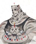  1boy absurdres animal_ears arknights bara black_tank_top blush candle character_cake dryskeleton_(drawing_jimmy) facial_hair furry furry_male goatee heart highres incoming_food large_pectorals looking_at_viewer male_focus merchandise mountain_(arknights) muscular muscular_male pectorals scar scar_across_eye scar_on_arm short_hair smile solo tank_top thick_eyebrows tiger_boy tiger_ears upper_body white_hair 