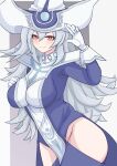  1girl absurdres blue_dress breasts dress duel_monster gainai_(gainai1103) gloves grey_hair hair_between_eyes hands_up hat highres hip_vent large_breasts long_hair looking_at_viewer red_eyes silent_magician solo white_gloves witch_hat wizard_hat yu-gi-oh! 