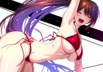  1girl akeyama_kitsune arm_up armpits azur_lane bent_over bikini blush breasts brown_hair commentary from_side hair_between_eyes halterneck large_breasts long_hair looking_at_viewer looking_to_the_side open_mouth ponytail red_bikini shiny_skin side-tie_bikini_bottom solo swimsuit translation_request underboob very_long_hair yellow_eyes zuikaku_(azur_lane) 