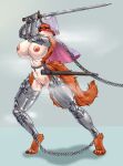  4_toes anthro armor arms_tied barefoot big_breasts blush bodily_fluids bound breasts canid canine captured chain chain_leash chained collar disney embarrassed feet female fighting_pose fluffy fluffy_tail fox fur genital_fluids genitals headdress hi_res hlebushekuwu holding_object holding_sword holding_weapon leash legs_tied looking_at_viewer maid_marian mammal melee_weapon multicolored_body musk_clouds navel nipples pink_nipples pose pussy pussy_juice red_body red_eyes red_fur robin_hood_(disney) scabbard sex_slave simple_background slave slave_warrior solo steam sweat sword tail thick_thighs toes two_tone_body unconvincing_armor warrior weapon 