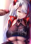  1boy 1girl akeyama_kitsune azur_lane black_jacket breasts censored closed_mouth collarbone commentary_request cum cum_on_body cum_on_breasts jacket long_hair looking_at_viewer mosaic_censoring multicolored_hair official_alternate_costume penis prinz_eugen_(azur_lane) prinz_eugen_(final_lap)_(azur_lane) red_hair solo_focus streaked_hair underboob white_hair yellow_eyes 