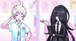  2boys ahoge bini_(xocolatl_501) black_hair blue_necktie chair character_doll collared_shirt danganronpa_(series) danganronpa_2:_goodbye_despair derivative_work dual_persona earrings eencya enoshima_junko fidget_spinner gaming_chair gold_creator_award hair_over_one_eye hand_up hinata_hajime hinata_hajime_(awakened) jewelry kamukura_izuru komaeda_nagito long_hair long_sleeves looking_at_viewer male_focus multiple_boys nanami_chiaki necktie needy_girl_overdose one_eye_closed open_mouth pixel_art red_eyes shirt short_hair short_sleeves spoilers star_(symbol) star_earrings swivel_chair upper_body v_over_eye white_hair white_shirt youtube_creator_award 