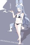  1girl animal_ear_fluff animal_ears bikini blue_hair breasts cigarette cold_pack green_eyes grey_background highres koyansuee koyansuee-chan long_hair micro_bikini navel original simple_background small_breasts smoke swimsuit tail thick_eyelashes wolf_ears wolf_girl wolf_tail 