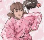  adidas bad_source bird brown_eyes brown_hair chicken confused highres jacket persona persona_3 pink_background pink_jacket rooster slavic_clothes solo takeba_yukari 