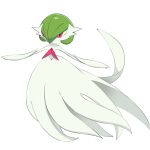  1girl arms_up bare_shoulders bob_cut colored_skin commentary dress elbow_gloves flat_chest full_body gardevoir gloves green_hair hair_between_eyes highres mega_gardevoir mega_pokemon outstretched_arms pokemon pokemon_(creature) red_eyes rve short_hair simple_background solo spread_arms standing strapless strapless_dress white_background white_dress white_gloves white_skin white_theme 