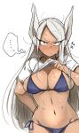  ... 1girl absurdres animal_ears arm_behind_back bikini blue_bikini blush boku_no_hero_academia breasts cleavage closed_mouth clothes_lift dark-skinned_female dark_skin eyelashes flanvia highres large_breasts lifted_by_self long_eyelashes long_hair looking_at_viewer mirko nose_blush rabbit_ears rabbit_girl red_eyes shirt shirt_lift short_sleeves side-tie_bikini_bottom simple_background sketch solo spoken_ellipsis sweat swimsuit very_long_hair white_background white_hair 