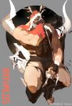  1boy absurdres antlers bara black_bodysuit black_sclera bodysuit bulge colored_sclera furry furry_male highres hood hood_up large_feet large_pectorals looking_at_viewer male_focus muscular muscular_male original pectorals rathalosx4 reindeer_antlers reindeer_boy short_hair skull solo thick_thighs thighs torn_bodysuit torn_clothes 