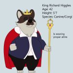  2023 absurd_res anthro black_bottomwear black_clothing black_nose black_pants blue_clothing blue_topwear bottomwear brown_body brown_ears brown_fur canid canine canis cape clothing colossalstars crown digital_media_(artwork) domestic_dog english_text eyebrows fist fur grey_background headgear herding_dog hi_res holding_object king male mammal model_sheet multicolored_body multicolored_fur overweight overweight_anthro overweight_male pants pastoral_dog red_cape richard_higgles royalty simple_background smile solo staff standing tan_body tan_fur text thick_eyebrows topwear two_tone_body two_tone_fur welsh_corgi 