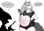  anthro belly big_belly bottomwear breasts canid canid_demon cellphone cleavage clothed clothing demon dialogue duo english_text female fingers fur grey_body grey_fur grey_hair hair hellhound helluva_boss hi_res long_hair loona_(helluva_boss) mammal midriff miuraon multicolored_body multicolored_fur phone pregnant red_sclera shorts silhouette simple_background speech_bubble standing text topwear two_tone_body two_tone_fur white_background white_body white_fur 