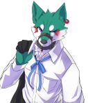  absurd_res anthro blue_eyes blush canid cheek_tuft chest_tuft clothed clothing collar facial_markings facial_tuft front_view full-length_portrait fur glistening glistening_eyes green_body green_fur grey_collar head_markings head_tuft hi_res kuttoyaki looking_aside male mammal markings mouth_closed muzzle_(object) muzzled portrait pupils red_markings slit_pupils solo standing topwear tuft white_body white_clothing white_fur white_topwear 