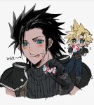  2boys black_gloves black_hair black_shirt blonde_hair blush candy chibi chibi_inset cloud_strife commentary_request ear_piercing final_fantasy final_fantasy_vii food gloves green_eyes holding holding_candy holding_food male_focus mtr_dayoo multiple_boys piercing scar scar_on_face shirt smile spiked_hair tongue tongue_out translation_request zack_fair 