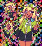  &lt;3 anthro checkered_background clothing deer deltarune exclamation_point female food gesture gir_(invader_zim) gir_hoodie headphones holding_food holding_object hoodie hooves invader_zim leekspin lenixtt mammal nickelodeon nintendo nintendo_ds nintendo_ds_family noelle_holiday owo pattern_background rainbow_background rawr scene_kid simple_background solo topwear undertale_(series) v_sign zipper zipper_hoodie 