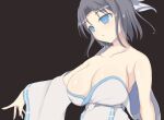  bare_shoulders blue_eyes bow breasts grey_hair hair_bow highres japanese_clothes kimono large_breasts low_neckline senran_kagura senran_kagura_estival_versus senran_kagura_shinovi_versus short_hair simple_background upper_body user_wgkw2257 white_bow white_kimono yumi_(senran_kagura) 