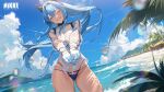  ass_visible_through_thighs beach bikini bikini_under_clothes bird blue_bikini blue_eyes blue_hair blush braid breasts closed_eyes cloud copyright_name day fish gloves goddess_of_victory:_nikke hair_intakes headgear helm_(aqua_marine)_(nikke) helm_(nikke) highres large_breasts long_hair official_alternate_costume official_art open_hands palm_tree parted_lips pinkmill ponytail see-through see-through_shirt shirt side-tie_bikini_bottom sky smile swimsuit thigh_gap tree wet wet_clothes wet_shirt white_gloves white_shirt 