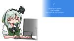  1girl anger_vein black_bow black_bowtie black_hairband bow bowtie closed_mouth collared_shirt commentary english_text false_smile green_vest grey_hair hairband headset highres kasuya_baian keyboard_(computer) konpaku_youmu microsoft_windows monitor mouse_(computer) puffy_short_sleeves puffy_sleeves screencap_inset shirt short_hair short_sleeves sidelocks simple_background smile solo touhou upper_body vest white_background white_shirt 