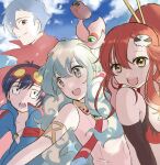  +_+ 2boys 2girls armlet bare_shoulders bikini bikini_top_only black_hair blonde_hair blue_jacket blue_sky boota_(ttgl) cape dress flower goggles goggles_on_head hair_flower hair_ornament highres jacket jewelry kamina_(ttgl) long_hair looking_at_viewer mole_(animal) multiple_boys multiple_girls necklace necktie nia_teppelin open_clothes open_jacket open_mouth pink_dress ponytail red_cape red_hair sagaku_denpyou scarf short_hair simon_(ttgl) skull_hair_ornament sky sleeveless sleeveless_dress smile swimsuit symbol-shaped_pupils teeth tengen_toppa_gurren_lagann upper_body upper_teeth_only yoko_littner 