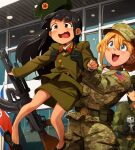  3girls american_flag black_gloves black_hair blonde_hair blue_eyes breasts brown_eyes camouflage camouflage_jacket camouflage_pants crying_emoji digital_camouflage emoji english_commentary feet full_body gloves green_shirt green_skirt gun hair_between_eyes hat highres holding holding_weapon jacket khyle. large_breasts military_hat military_uniform multiple_girls north_korean_flag open_mouth original outdoors pants patrol_cap petite photo-referenced rifle shirt shoe_loss skirt smile sunglasses taking_picture tearing_up toes uniform weapon 