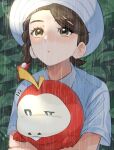  1girl blush braid brown_eyes brown_hair collared_shirt commentary_request eyelashes fuecoco half-closed_eyes hat highres holding holding_pokemon juliana_(pokemon) looking_up notice_lines outdoors parted_lips pokemon pokemon_(creature) pokemon_(game) pokemon_sv rain shirt short_sleeves umi_meteo upper_body 