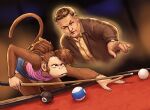  2023 5_fingers alex_(alexmonke) anthro billiard_ball billiard_table billiards bottomwear brown_body brown_fur brown_hair clock clothed clothing coat cue_stick cutoffs denim denim_clothing dress_shirt duo female fingers fur hair haplorhine hi_res holding_object human male mammal minnesota_fats monkey ponytail primate red_eyes redustheriotact shirt short_hair shorts spirit tank_top topwear watch 