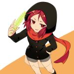  1girl black_hood black_socks hand_on_own_hip highres holding holding_plant hood hood_up irodori_(irodoriginal) kemurikusa open_mouth plant red_eyes red_hair red_scarf riku_(kemurikusa) sada_(sadahalu) scarf see-through see-through_skirt short_hair skirt socks solo two-tone_background 