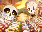  1other 2boys black_hair blue_jacket brothers cake cake_slice child closed_eyes closed_mouth food frisk_(undertale) hood hood_down hooded_jacket jacket korokor59513559 multiple_boys open_clothes open_jacket open_mouth papyrus_(undertale) sans shirt short_hair siblings skeleton smile teeth twitter_username undertale white_shirt 