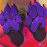  1:1 ambiguous_gender black_body black_claws black_fur claws depth_of_field fur glistening glistening_pawpads hi_res oselotti paw_tuft pawpads purple_pawpads signature solo 