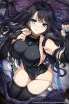  absurdres black_hair blue_eyes blue_ribbon breasts cenangam finger_to_mouth gem highres large_breasts leotard lying on_back on_bed original ribbon sideboob sword thighhighs weapon 