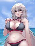  1girl ahoge bikini black_bikini blush breasts cleavage cowboy_shot fate/grand_order fate_(series) grey_hair hair_between_eyes highres horizon jeanne_d&#039;arc_alter_(fate) jeanne_d&#039;arc_alter_(swimsuit_berserker)_(fate) large_breasts long_hair navel o-ring o-ring_bikini ocean open_mouth sky solo strap_pull swimsuit yellow_eyes yukimune 