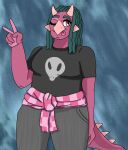  2023 ankylosaurian ankylosaurid ankylosaurus anthro babs_(gvh) digital_drawing_(artwork) digital_media_(artwork) dinosaur eyelashes female fingers gesture goodbye_volcano_high hair hi_res horn long_hair long_tail one_eye_closed ornithischian pink_body pink_eyes pink_scales reptile scales scalie simple_background smile snoot_game_(fan_game) solo spikes spikes_(anatomy) stardust_strix tail teal_hair thyreophoran tongue tongue_out v_sign wink 