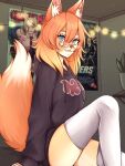  2023 absurd_res anthro baggy_clothing bedroom blue_eyes canid canine clothed clothing colored cozy detailed_background digital_drawing_(artwork) digital_media_(artwork) dolohova_(artist) eyewear fan_character female fluffy fluffy_tail fox fox_tail full-length_portrait fur glasses hair hi_res hoodie illustration inside legwear lights looking_at_viewer mammal orange_body orange_fur orange_hair orange_tail portrait poster shaded short_hair solo stockings tail topwear white_clothing white_legwear white_stockings 