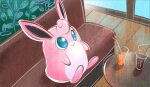  closed_mouth commentary_request couch drinking_straw glass green_eyes illustration_room_nagi indoors no_humans pokemon pokemon_(creature) sitting smile solo wigglytuff wooden_floor 
