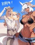  1boy 1girl animal_ears anniversary arm_up belt bikini bikini_under_clothes black_belt black_bikini black_hairband blonde_hair blue_eyes body_markings breasts brown_pants caenis_(fate) choker cowboy_shot dark-skinned_female dark_skin denim denim_shorts desert dog_tags fate/grand_order fate_(series) gloves grey_headwear grin hair_intakes hairband hand_in_own_hair hand_in_pocket hand_on_headwear hat highres holding holding_suitcase horse_ears jewelry kirschtaria_wodime large_breasts long_hair long_sleeves looking_at_viewer navel one_eye_closed open_mouth outdoors pants ponytail ring sabamori shiny_skin shirt shirt_partially_tucked_in short_shorts shorts sky smile standing studded_belt suitcase sunlight swimsuit toned very_long_hair white_gloves white_hair white_shirt wind 