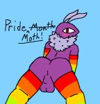  anthro arthropod balls blush blush_lines butt clothing genitals insect legwear lepidopteran lgbt_pride male moth pinemoth presenting_balls pride_color_clothing pride_colors purple_body rdwdpn solo text thigh_highs 