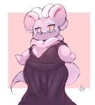  anthro black_clothing black_dress breasts cinccino clothed clothing dress eyebrows eyewear female fur generation_5_pokemon glasses grey_body hair hi_res lightmizano mature_female nintendo pokemon pokemon_(species) simple_background slightly_chubby solo tail white_body white_fur white_hair yellow_eyes 