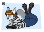  anthro blue_markings bottomwear brown_body brown_fur canid canine canis cheek_tuft clothing collar denim denim_bottomwear denim_clothing facial_tuft feet_up female freckles_(artist) fur grey_body grey_fur grey_pawpads half-closed_eyes hi_res hoodie jeans mammal markings narrowed_eyes nintendo nintendo_switch pants pawpads paws simple_background smile solo topwear tuft white_body white_fur wolf 