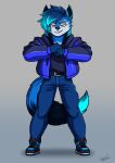  absurd_res alexander_thunderwolfe_(chrislshack1998) anthro belt blue_body blue_bottomwear blue_clothing blue_footwear blue_fur blue_hair blue_highlights blue_hoodie blue_jeans blue_nose blue_pants blue_shoes blue_topwear bottomwear canid canine canis chest_tuft clothing cracking_knuckles denim denim_bottomwear denim_clothing footwear fur hair hi_res highlights_(coloring) hoodie jeans kevintrentin looking_at_viewer male mammal navy_shirt pants shoes smug_face standing topwear tuft wolf yellow_eyes 