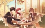  1girl 2boys absurdres akechi_gorou amamiya_ren black_hair black_jacket brown_hair bug butterfly cafe coffee drink drinking glasses highres jacket long_hair long_sleeves looking_at_viewer multiple_boys open_mouth pants persona persona_5 persona_5_the_royal ponytail red_eyes red_hair short_hair sitting smile tsubsa_syaoin yoshizawa_kasumi 